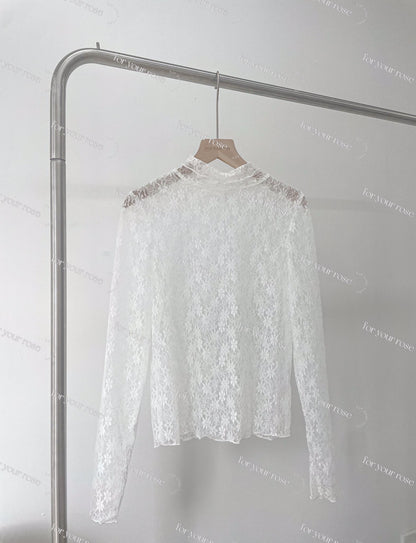 長袖ver. 高領透膚花花pattern top｜2色入