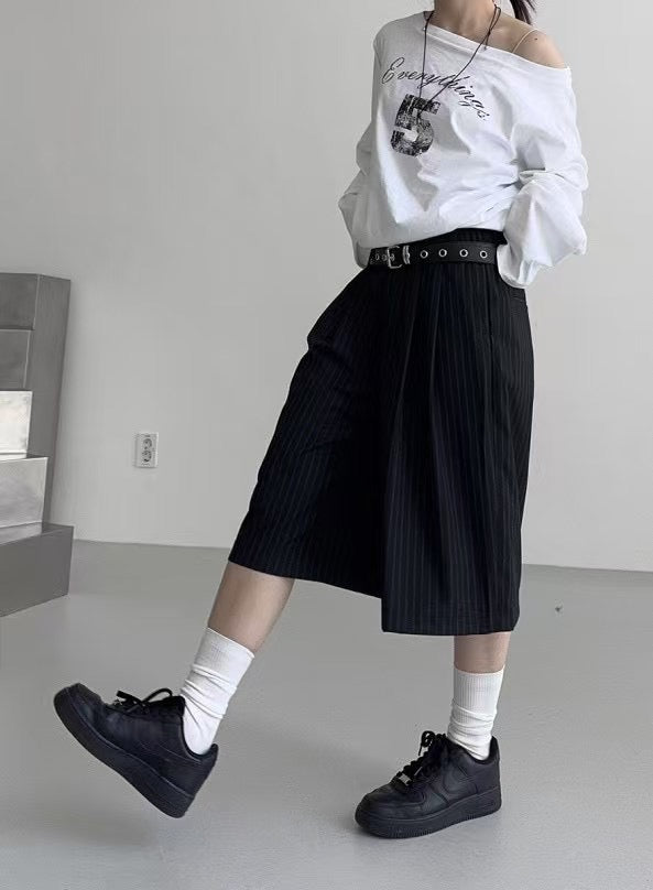 直條子六分西裝褲（連皮帶）｜2色入