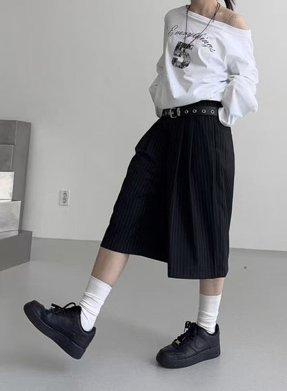 直條子六分西裝褲（連皮帶）｜2色入