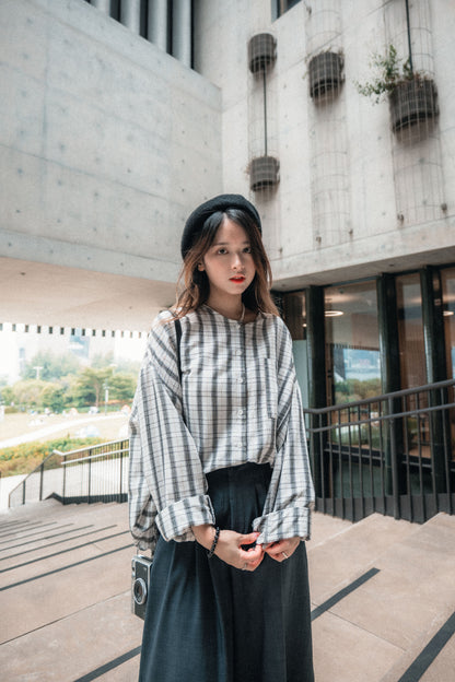 復古文青風口袋圓領格子恤衫｜3色入