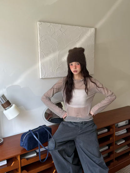 透膚格紋合身花邊top｜4色入