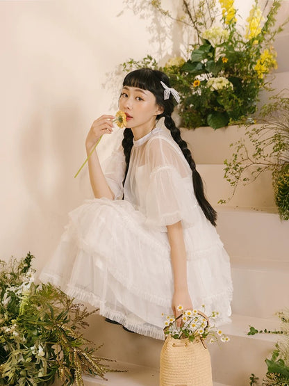 靚重工✨ 澎袖透紗蛋糕娃娃裙罩衫｜2色入