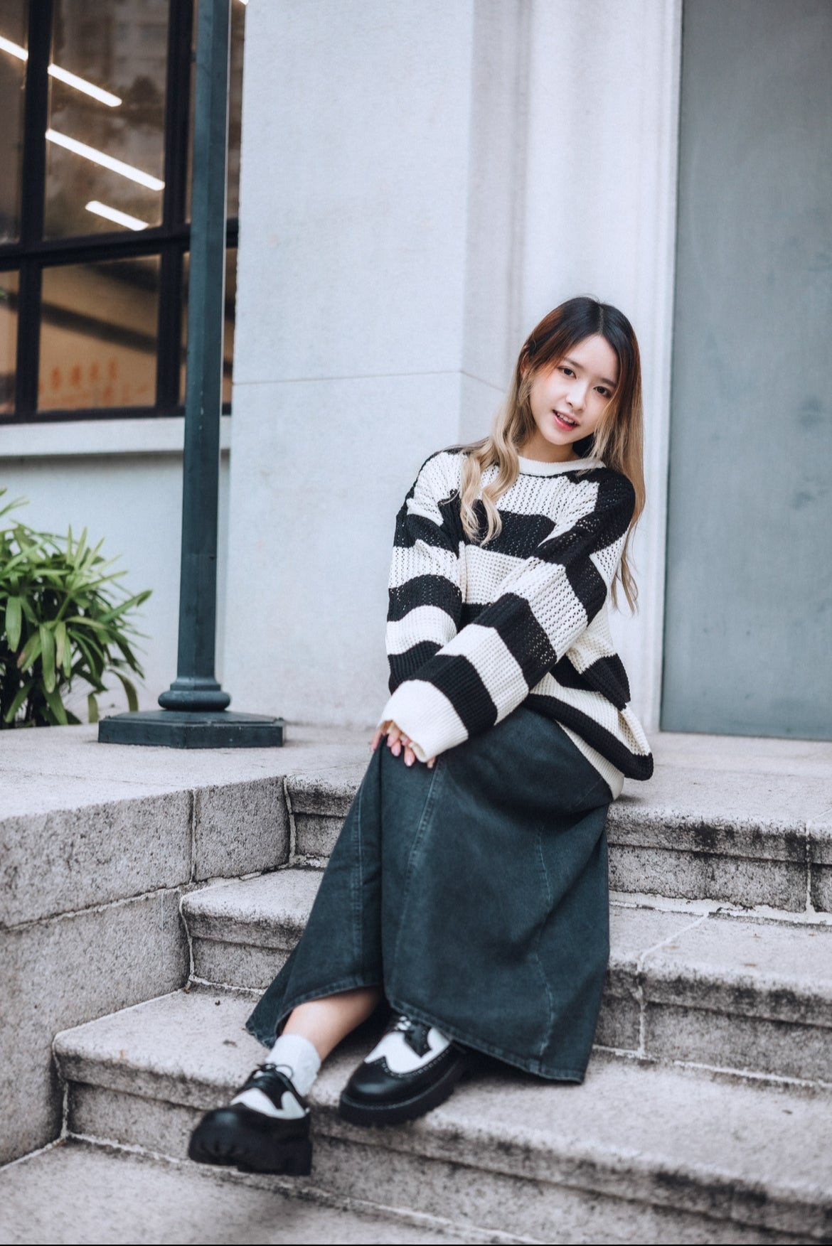 洞洞橫紋針織上衣｜2色入