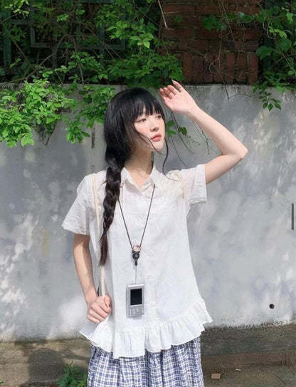 少女娃娃領荷葉邊襯衫｜2色入