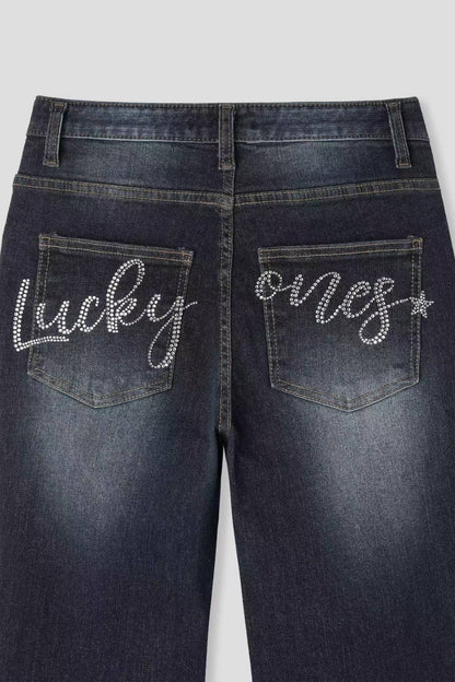 Lucky Ones閃石洗水深藍喇叭褲｜1色入