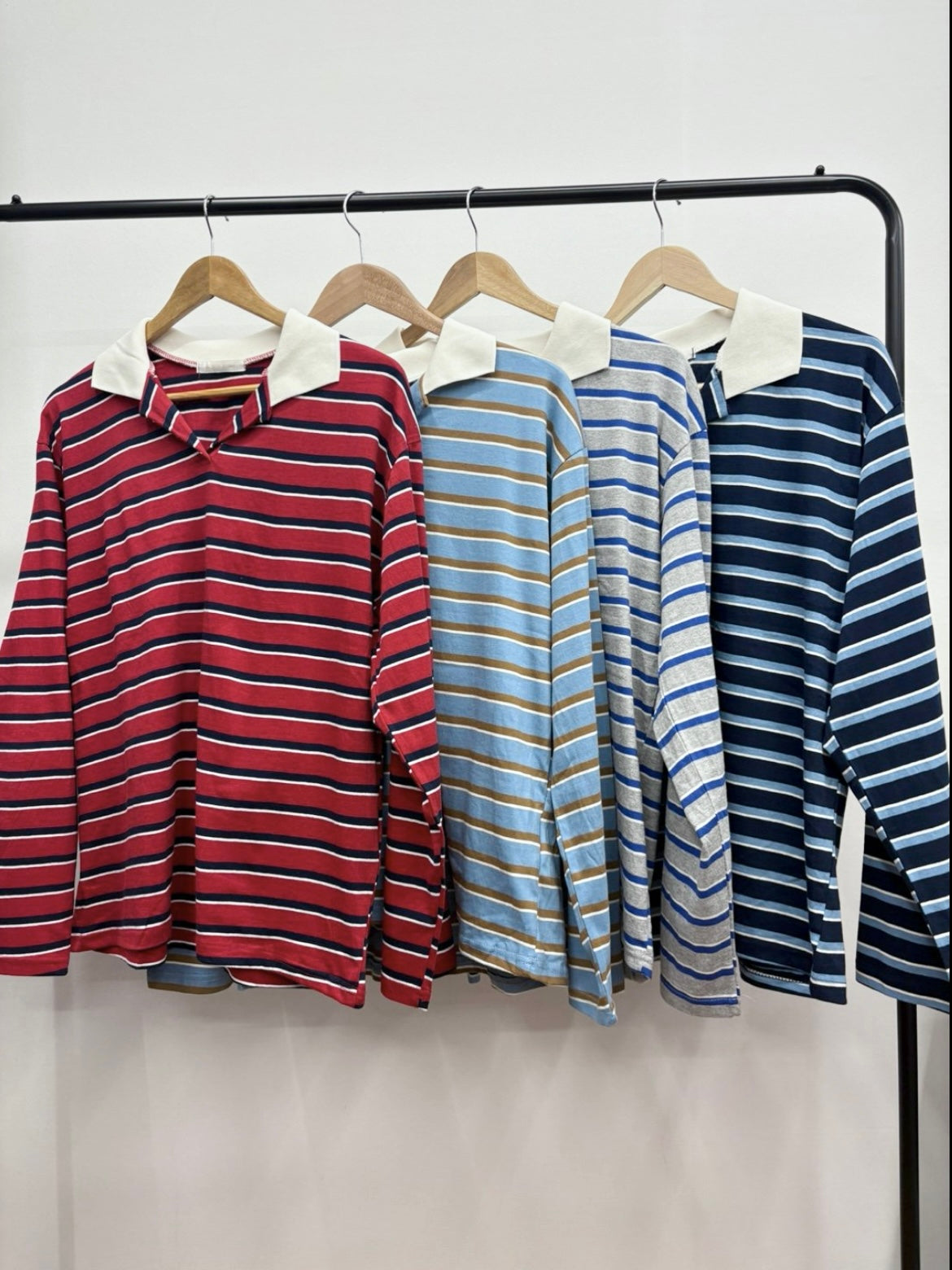 橫紋拼色間條翻領長袖tee｜4色人