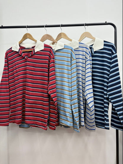 橫紋拼色間條翻領長袖tee｜4色人