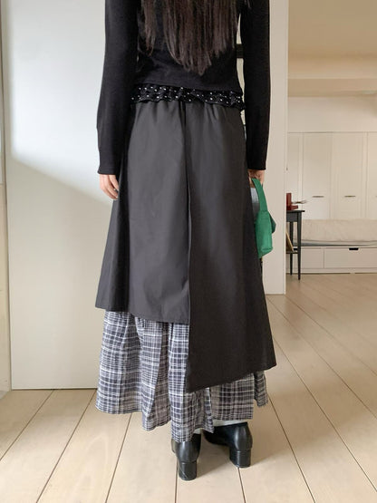 不規則拼格子打褶長裙｜2色入