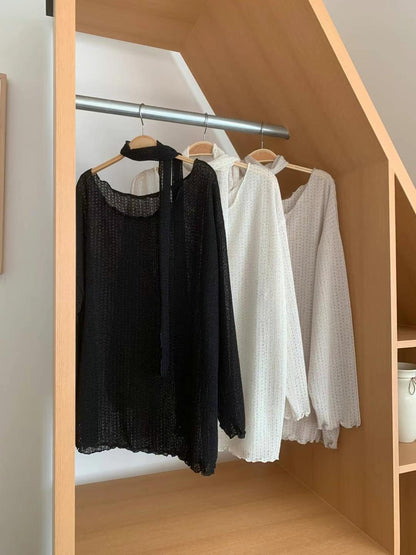 LOOSE FIT薄針織上衣 連圍巾set｜3色入