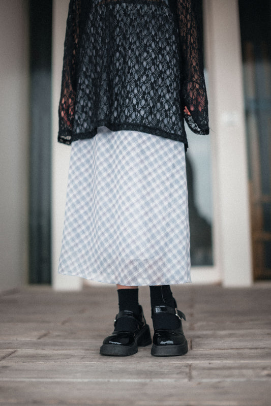 法式半透紗斜格紋半身裙｜2色入