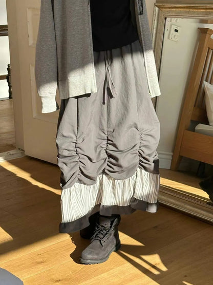 日系🤍 抽褶設計拼接直間花邊半裙｜2色入