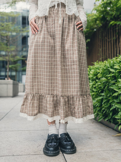森系格子蝴蝶壓花蕾絲邊半身裙｜2