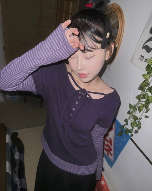 Ribbon Stripe Layered Knit Top｜3色入