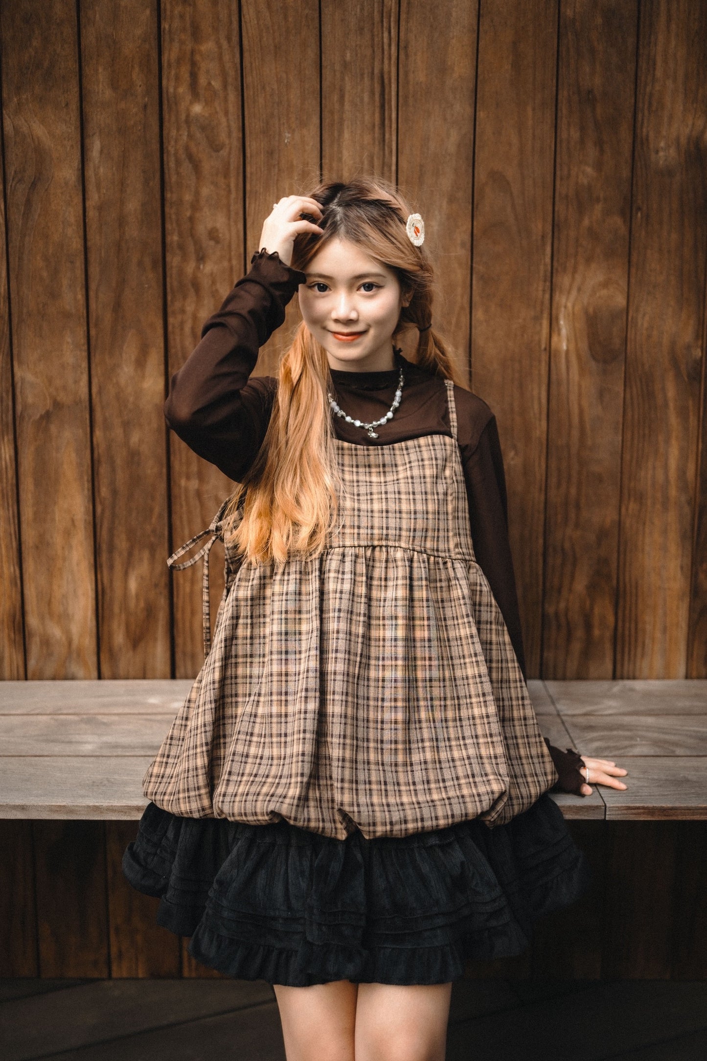 秋冬格紋🪟側綁帶泡泡背心外搭｜4色入