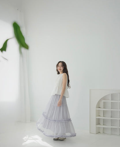 荷葉蛋糕傘襬網紗長裙｜2色入