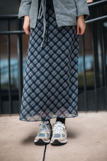 法式半透紗斜格紋半身裙｜2色入