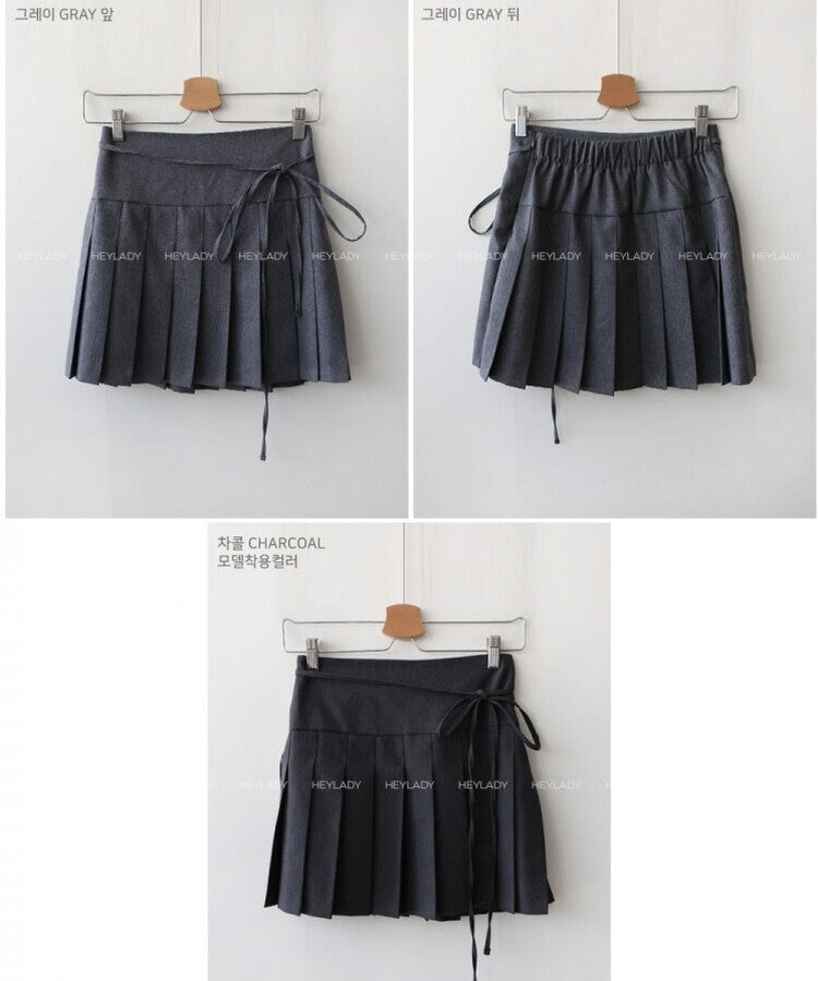 蝴蝶綁繩腰帶百褶短裙｜2色入