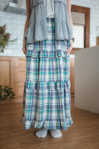 日系格子Ruffle邊大裙襬傘裙｜2色入