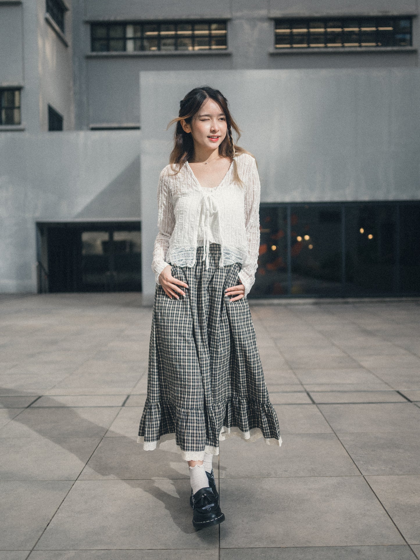 森系格子蝴蝶壓花蕾絲邊半身裙｜2