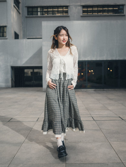 森系格子蝴蝶壓花蕾絲邊半身裙｜2