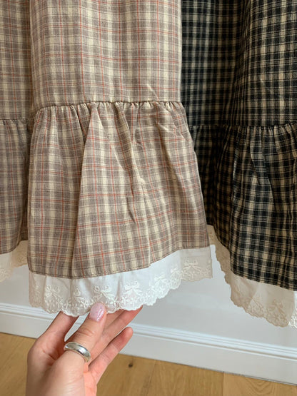 森系格子蝴蝶壓花蕾絲邊半身裙｜2