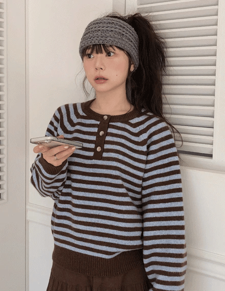 Henley-Neck Daily Stripe Knit｜5色入