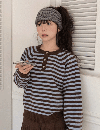 Henley-Neck Daily Stripe Knit｜5色入