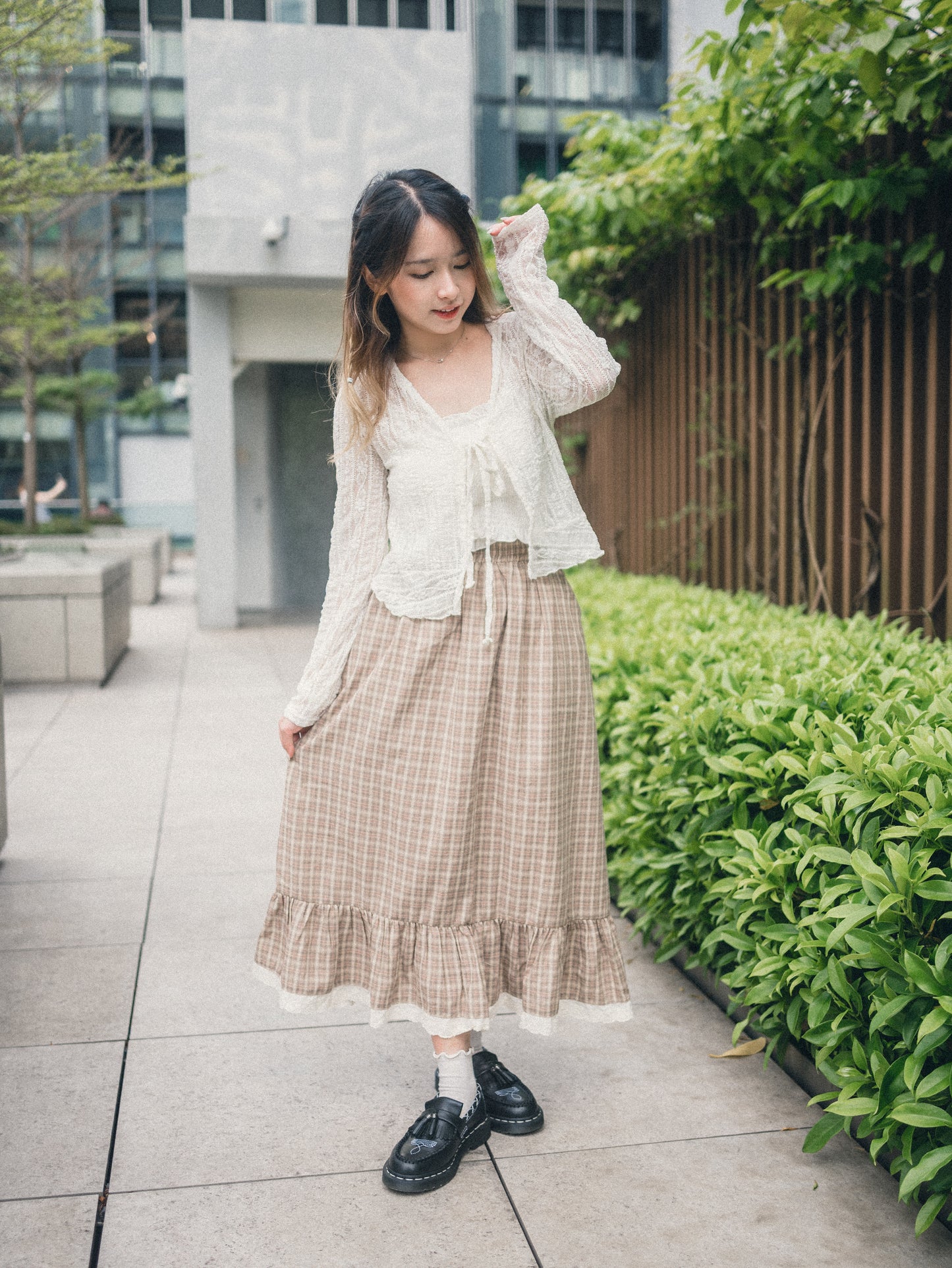 森系格子蝴蝶壓花蕾絲邊半身裙｜2