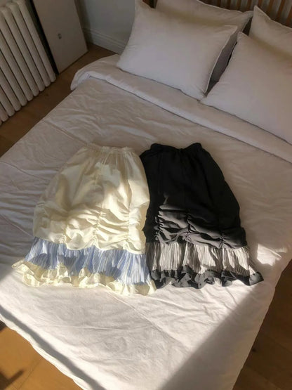 日系🤍 抽褶設計拼接直間花邊半裙｜2色入