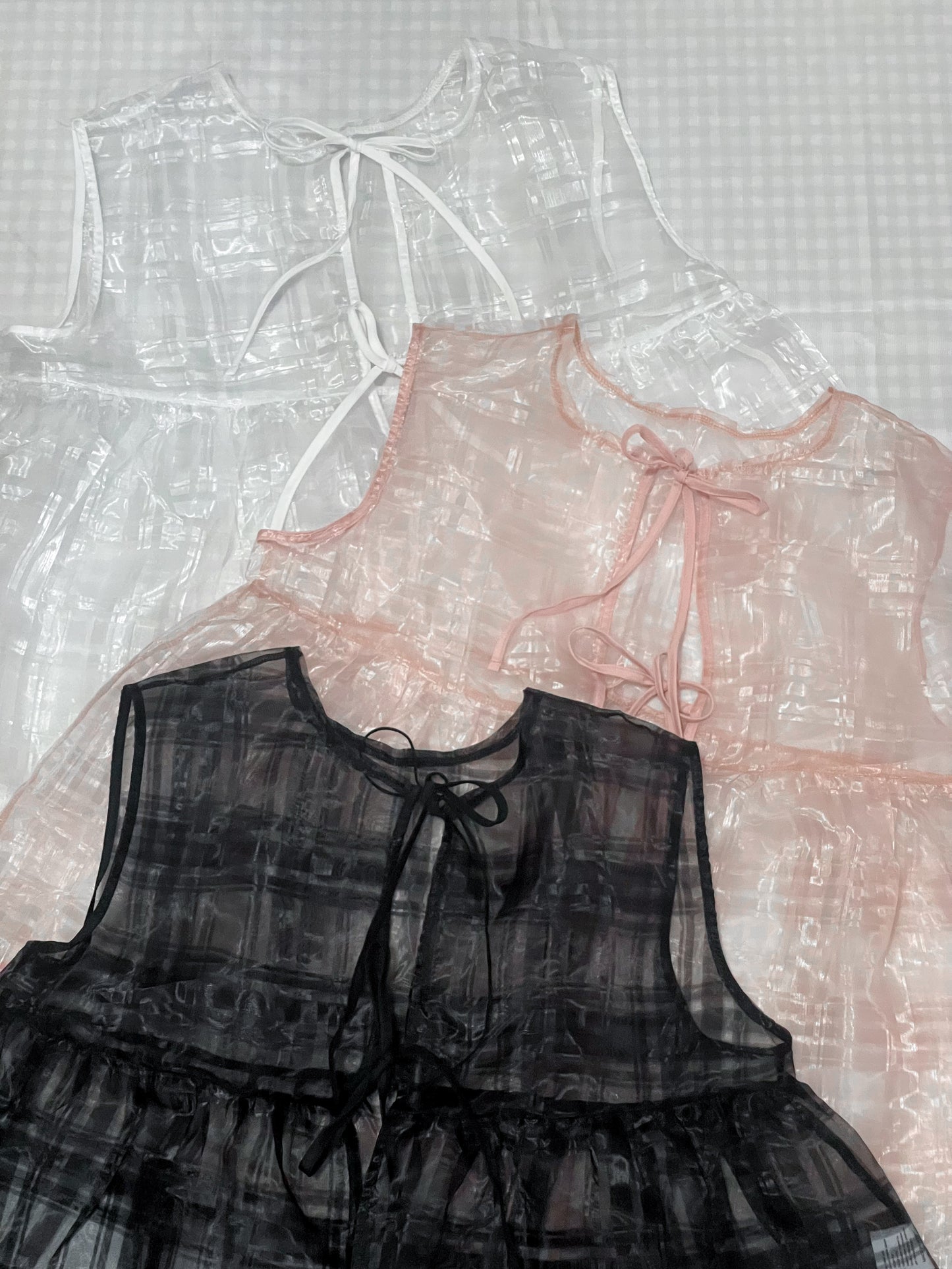 透紗珠光大格子紋背心layer｜3色入