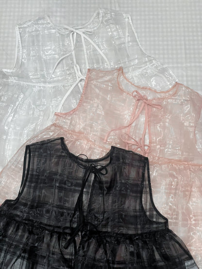 透紗珠光大格子紋背心layer｜3色入