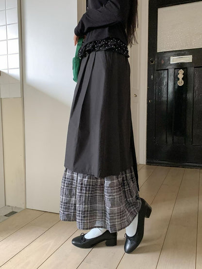 不規則拼格子打褶長裙｜2色入