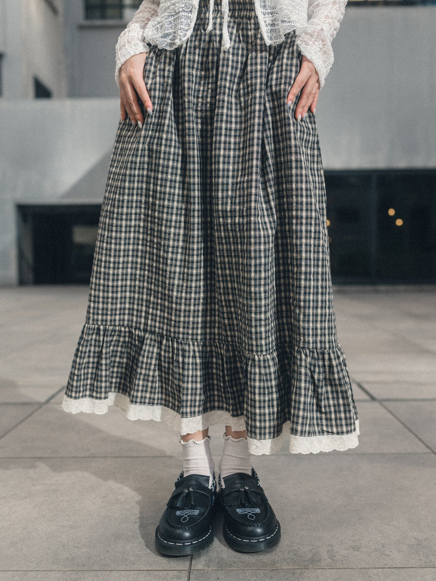 森系格子蝴蝶壓花蕾絲邊半身裙｜2