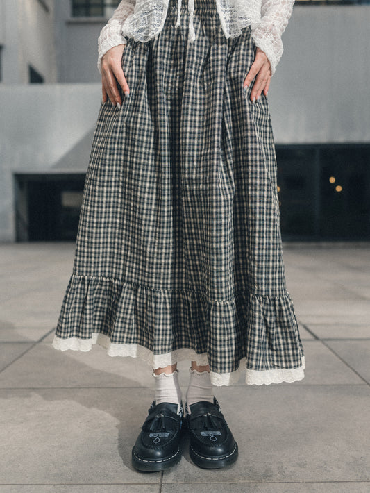 森系格子蝴蝶壓花蕾絲邊半身裙｜2