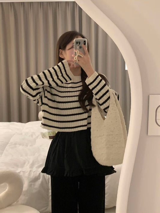 寬領口橫紋針織上衣｜4色入