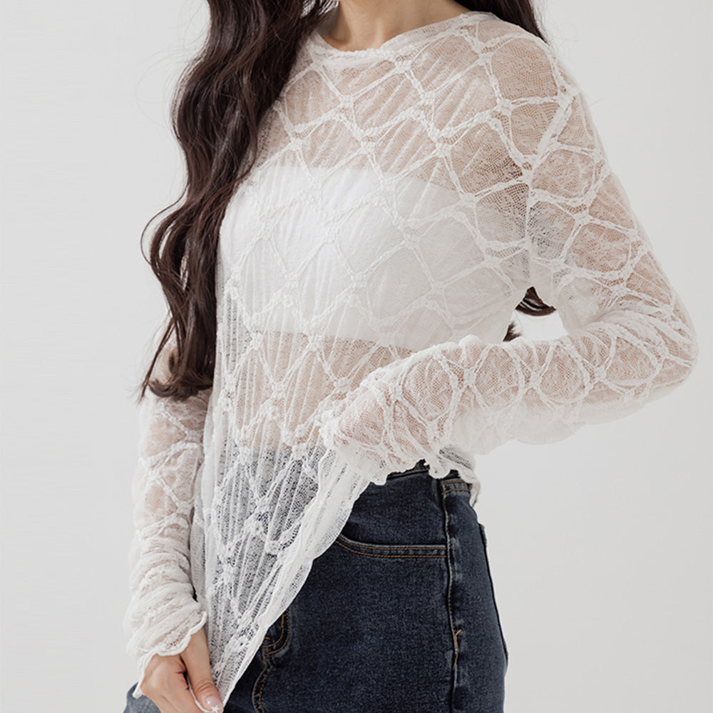 菱格紋蕾絲造型透膚上衣｜2色入