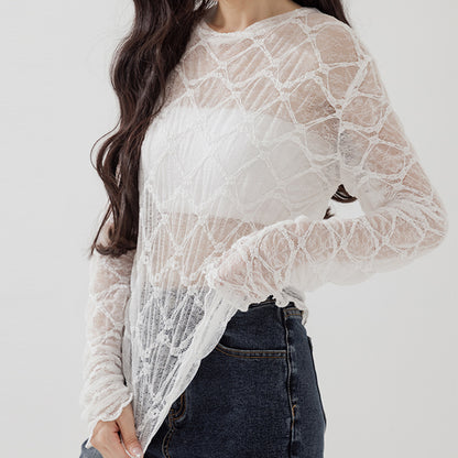 菱格紋蕾絲造型透膚上衣｜2色入