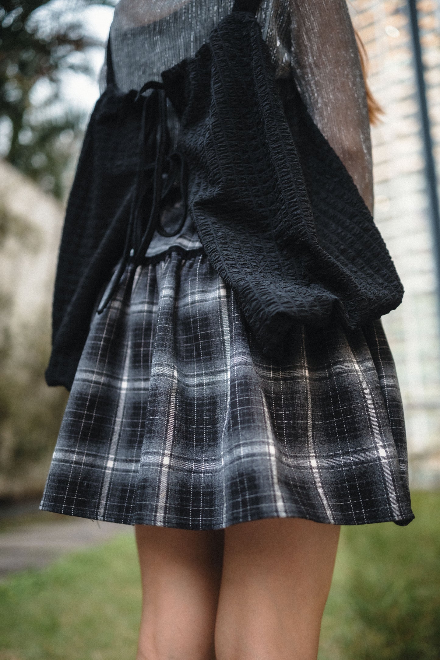 英式格子蝴蝶結薄絨面短裙｜2色入