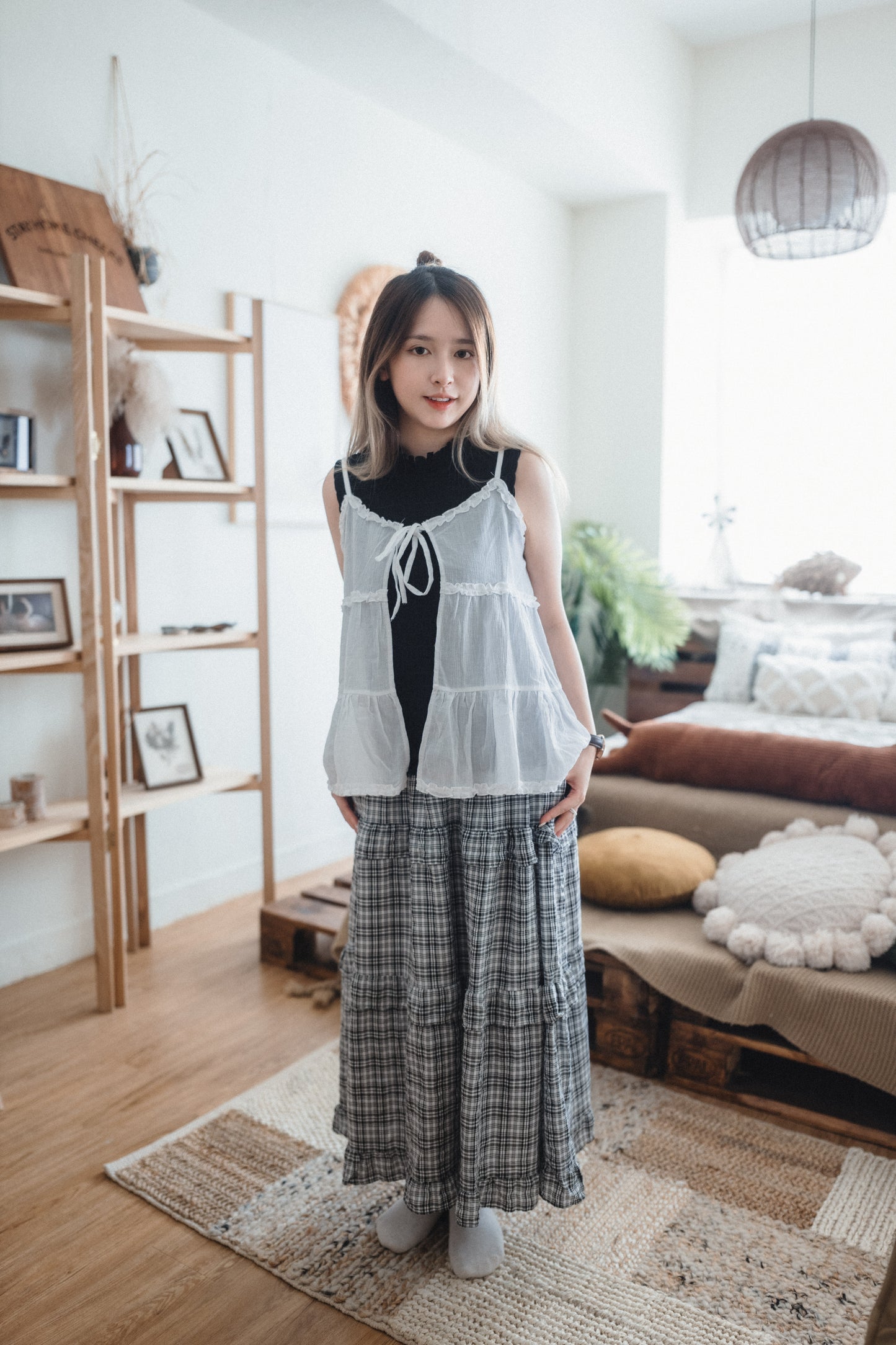 日系格子Ruffle邊大裙襬傘裙｜2色入