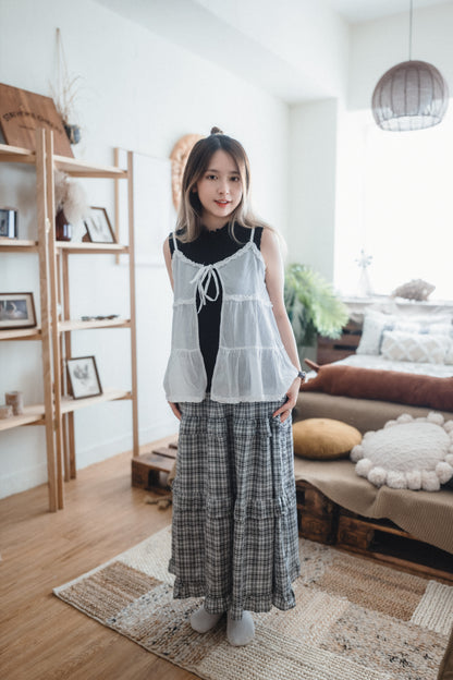 日系格子Ruffle邊大裙襬傘裙｜2色入