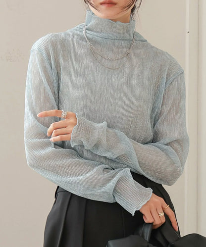 JP透明感🫧 細閃褶間透透高領上衣｜2色入