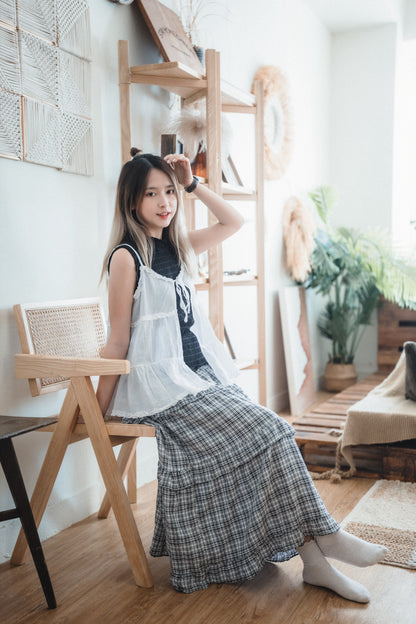 日系格子Ruffle邊大裙襬傘裙｜2色入