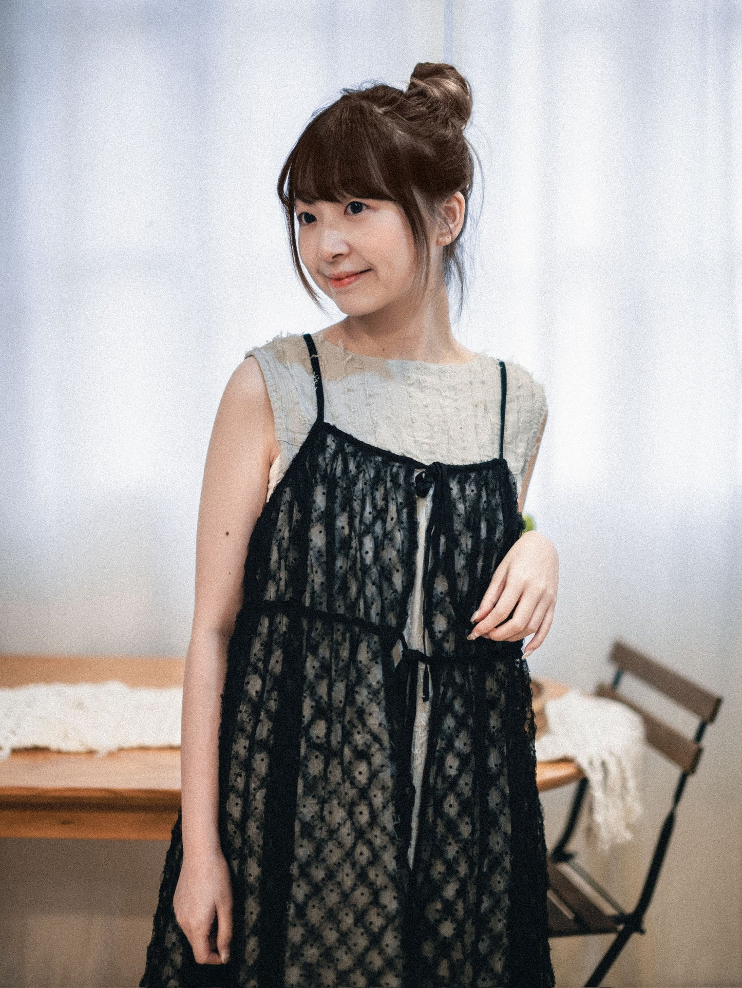 透膚菱格點點緹花綁帶OPS｜2色入