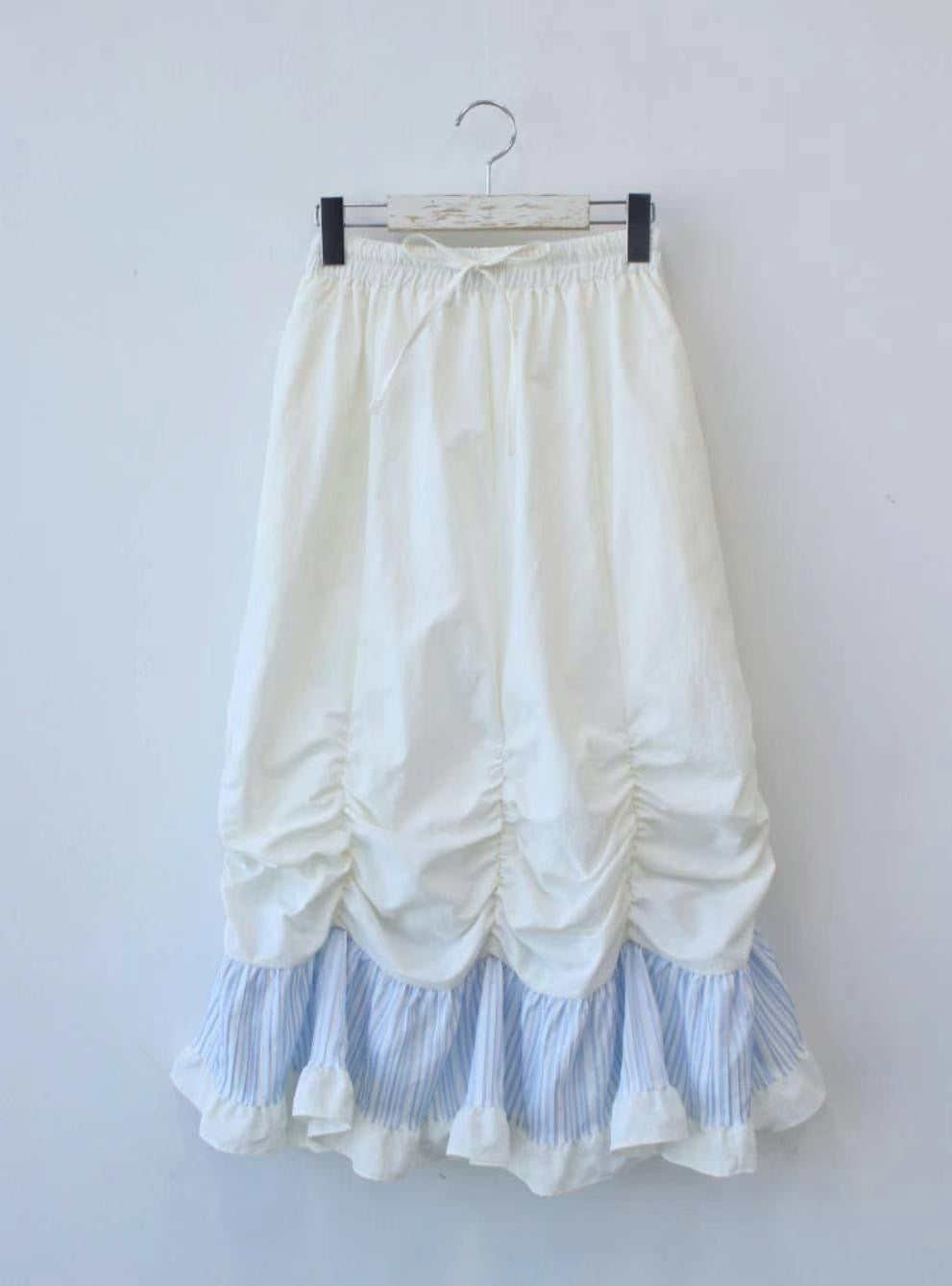 日系🤍 抽褶設計拼接直間花邊半裙｜2色入