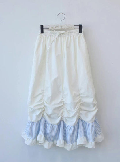 日系🤍 抽褶設計拼接直間花邊半裙｜2色入