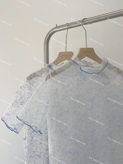 明線花花透膚感ruffle top｜2色入