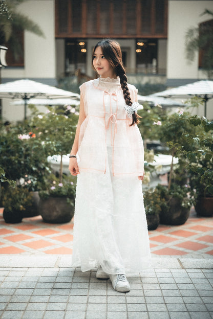 透紗珠光大格子紋背心layer｜3色入