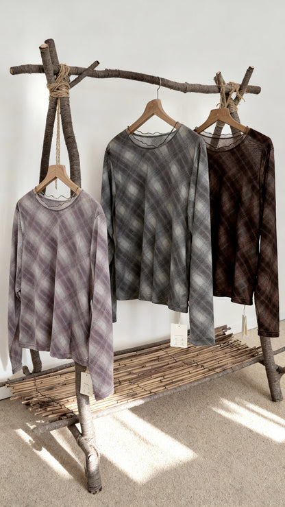 格紋拼紗領RUFFLE TOP｜3色入