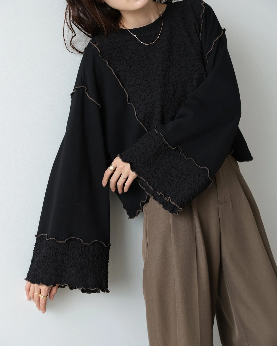 雙拼布料捲捲邊Crop Tee｜3色入