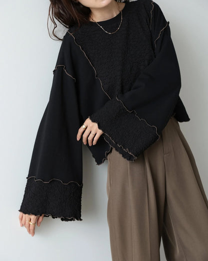 雙拼布料捲捲邊Crop Tee｜3色入